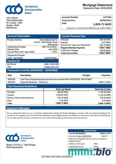 Macedonia Północna Centralna Banka Kooperatywna AD Skopje wyciąg z kredytu hipotecznego szablon Word i PDF